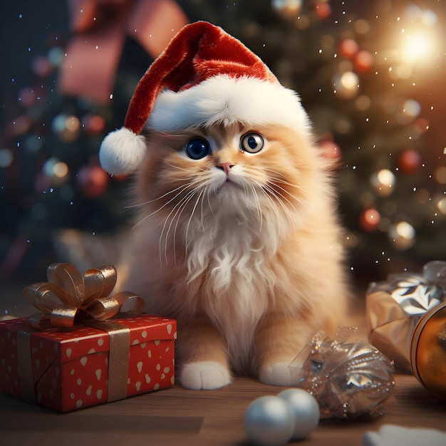 Feliz Navidad Gato lindo y esponjoso con sombrero de Papá Noel Imagen generada por IA