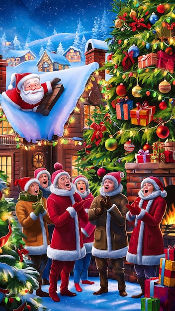 Feliz Navidad Ilustración tipografía Santa Cluas Renier Hombres de nieve Regalos para niños