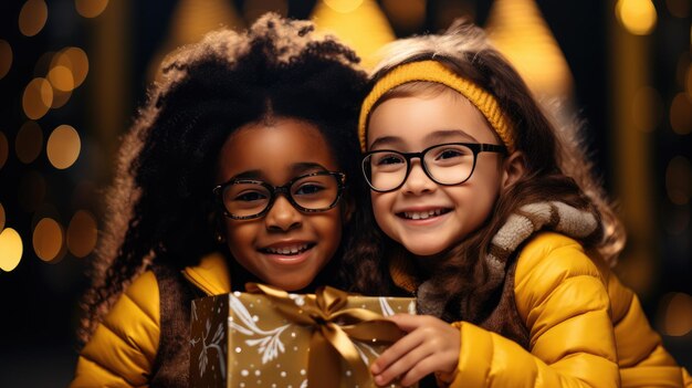 Feliz Navidad niños felices con un regalo mágico en casa cerca del árbol de Navidad