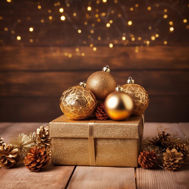 Feliz Navidad podio dorado con bolas y decoración de árbol