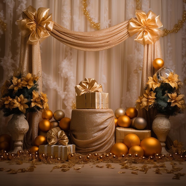 Feliz Navidad podio dorado con bolas y decoración de árbol