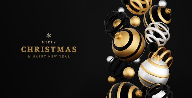 Feliz Navidad y próspero año nuevo 3d render tarjeta de ilustración con adornos de oro, bolas de Navidad negras y plateadas y decoración. Decoración de invierno, diseño minimalista.