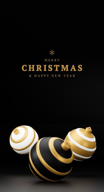 Feliz Navidad y próspero año nuevo 3d render tarjeta de ilustración vertical con adornos de oro, bolas de Navidad negras y plateadas y decoración. Decoración de invierno, diseño minimalista.