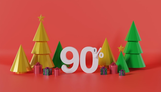 Feliz Navidad y próspero año nuevo con un 90 por ciento de descuento sobre fondo rojo
