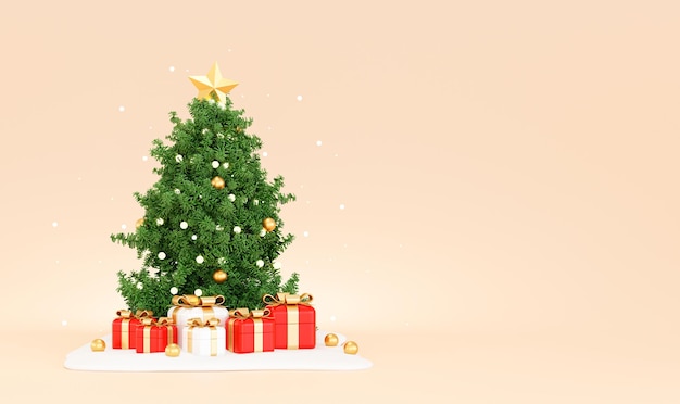 Feliz navidad y próspero año nuevo con árbol de navidad y caja de regalo en la ilustración de fondo de banner de nieve 3D