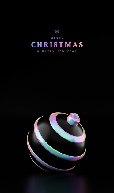 Feliz navidad y próspero año nuevo bola holográfica sobre fondo negro vertical. Representación 3D de bola de Navidad blanca brillante en luz de neón holográfica aislado