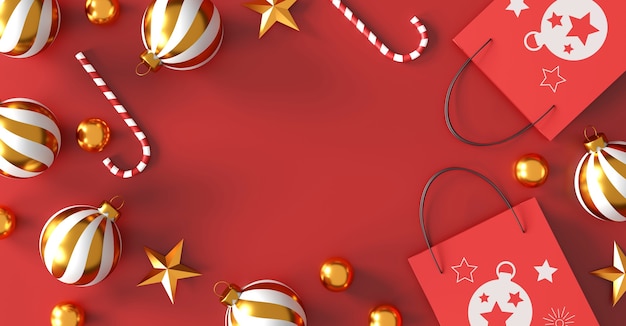 Feliz navidad y próspero año nuevo concepto. bolsa de compras roja sobre fondo rojo. diseño de banner de venta. Ilustración 3d