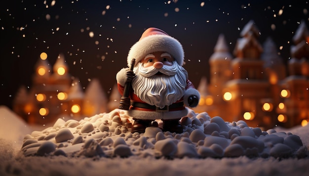 Feliz Navidad y Próspero Año Nuevo concepto Santa Claus juguete de pie sobre la nieve con paisaje urbano backgrou