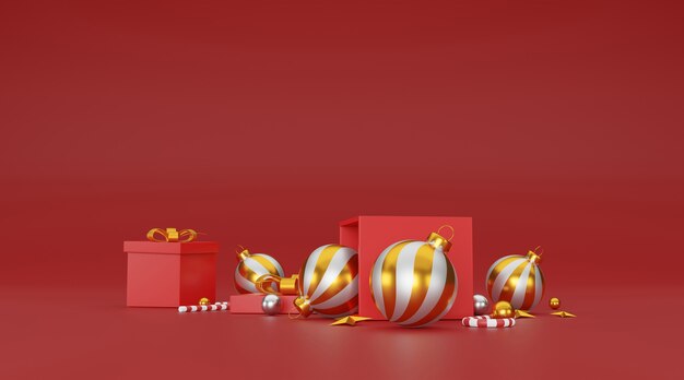 Feliz navidad y próspero año nuevo fondo con decoración festiva y espacio de copia. Ilustración 3D