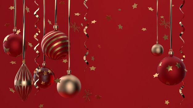 Feliz navidad y próspero año nuevo. Fondo festivo de Navidad con objetos realistas. Elementos de vacaciones, render 3d y realismo. Tarjeta de felicitación, pancarta, póster web.