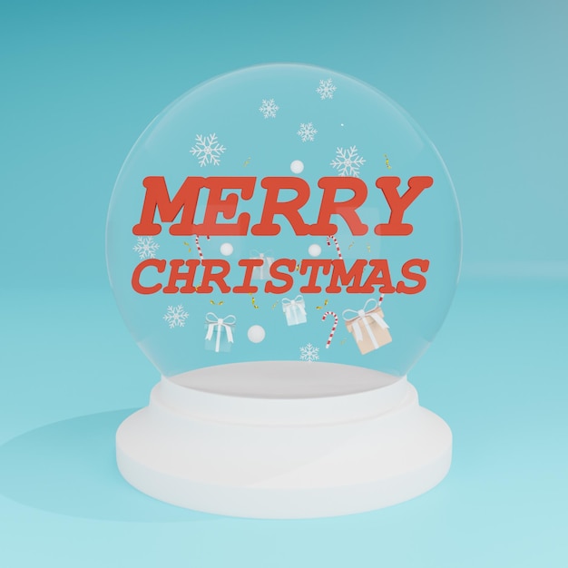Foto feliz navidad y próspero año nuevo de navidad copo de nieve de globo de nieve y caja de regalo dentro sobre fondo azul pastel. representación 3d