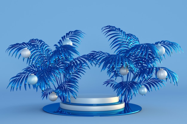 Feliz Navidad y próspero año nuevo Podio azul 3D con palmeras abstractas y bolas de Navidad