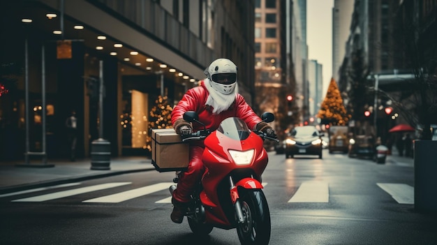 Feliz Navidad y Próspero Año Nuevo Santa Claus monta una scooter en una calle de la ciudad