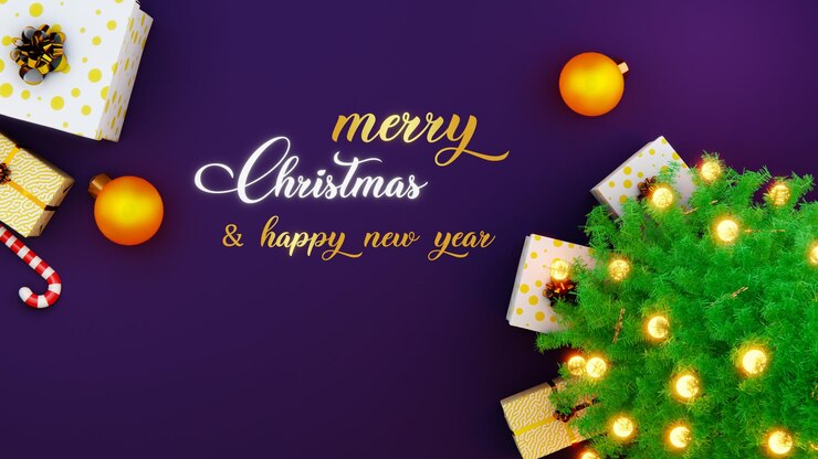 Feliz navidad y próspero año nuevo sobre un fondo morado