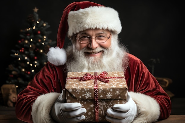 Feliz Navidad Santa Claus ofreciendo regalo fondo gris