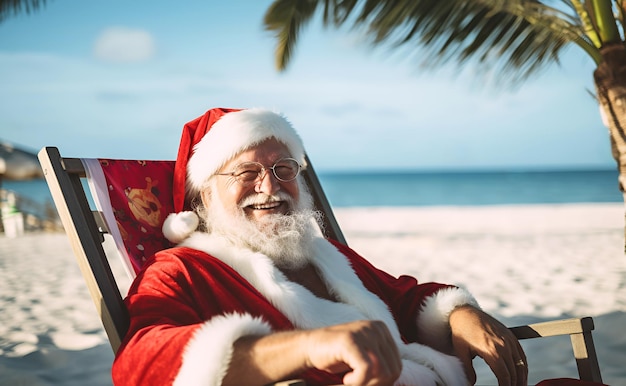 Foto feliz navidad sonriente papá noel descansando relajándose disfrutando en una silla de sol en la playa tropical del océano bajo hojas de palma cielo azul y nubes viajes de vacaciones concepto de vacaciones de año nuevo