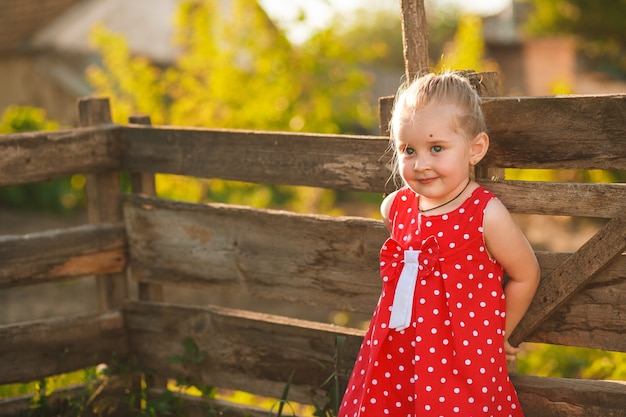 Feliz niña de 3 años en vestido rojo está jugando en el jardín de verano de  la aldea