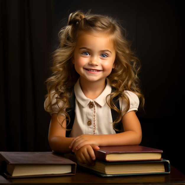 feliz niña de 4 años sonriendo de pie y pone su mano en los libros