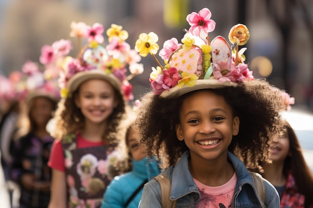 Feliz niña afroamericana con corona de flores en la cabeza en la ciudad Niños vestidos de Pascua bonne