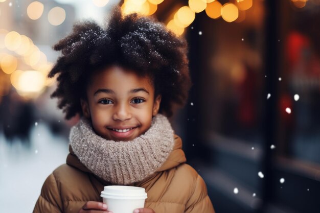una feliz niña afroamericana moderna con un vaso de copa de bebida caliente en la temporada de invierno en el fondo de la ciudad de la nieve