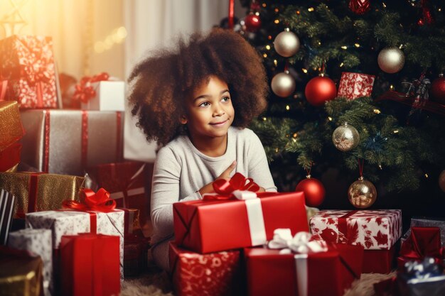 Feliz niña afroamericana sonriente con cajas de regalos de Navidad en el suelo