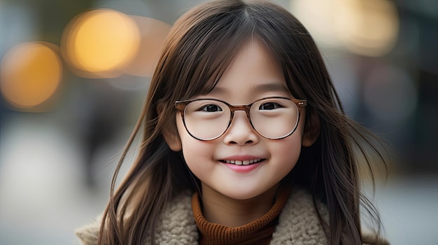 Feliz niña asiática satisfecha con gafas retrato fuera de Generative Ai