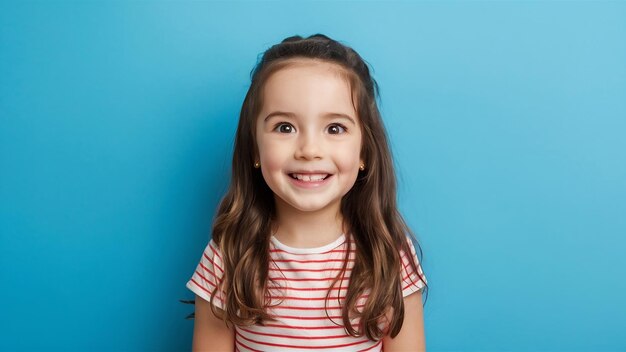 Foto feliz niña caucásica aislada en el fondo azul del estudio parece feliz alegre y sincera copyspa