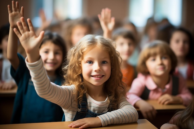 Feliz niña estudiante levantando la mano para responder a los niños de la escuela en el aula en la lección