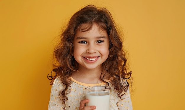 Feliz niña hispana con un vaso de leche aislada sobre un fondo amarillo