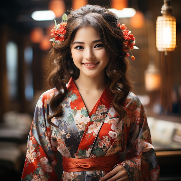 feliz niña japonesa con vestido de kimono