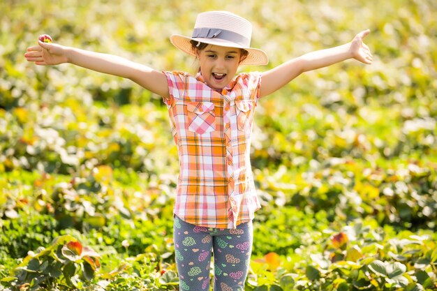 Feliz niña niño recogiendo y comiendo fresas en una plantación