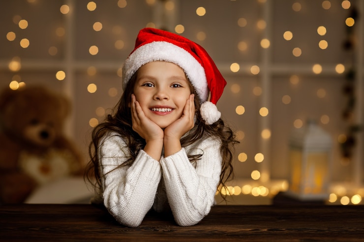 Feliz niña sonriente niño con sombrero de santa mirando a cámara y soñando