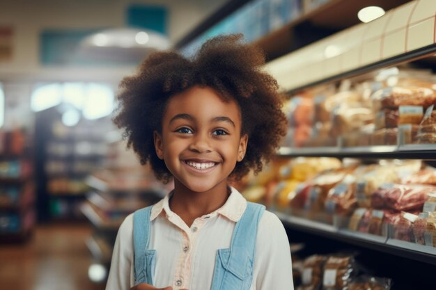 un feliz niño afroamericano consultor vendedor en el fondo de los estantes con productos en la tienda