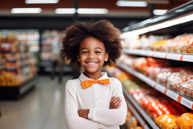 un feliz niño afroamericano consultor vendedor en el fondo de los estantes con productos en la tienda