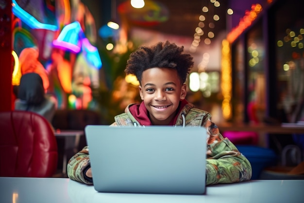 feliz niño afroamericano sentado en la mesa con una computadora portátil en una cafetería