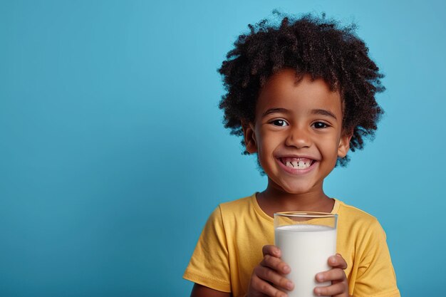 Feliz niño afroamericano con un vaso de leche aislado sobre un fondo azul