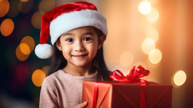 Foto feliz niño asiático en sombrero de papá noel con regalo de navidad