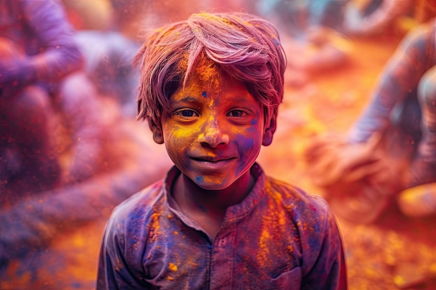 Feliz niño indio celebra el colorido festival de Holi en la India Generative Ai