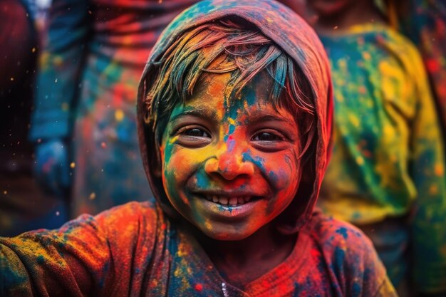 Feliz niño indio celebra el colorido festival de Holi en la India Generative Ai