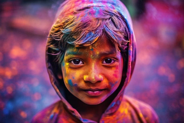 Feliz niño indio celebra el colorido festival de Holi en la India Generative Ai