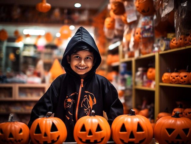 Feliz niño indio con fondo de Halloween