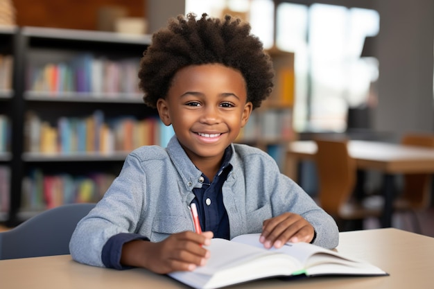 Feliz niño negro leyendo un libro en la biblioteca