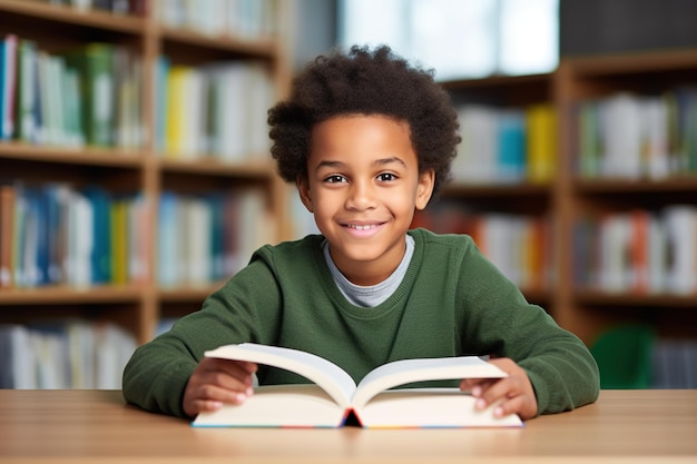 Feliz niño negro leyendo un libro en la biblioteca