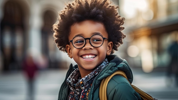 Feliz niño negro satisfecho con gafas retrato fuera de Generative Ai