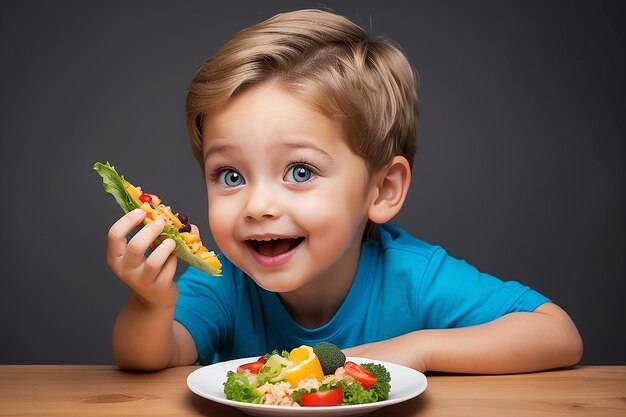 feliz niño niño piensa elegir comida