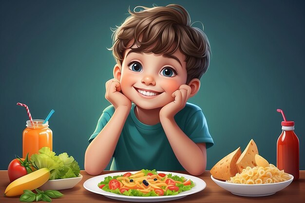 feliz niño niño piensa elegir comida