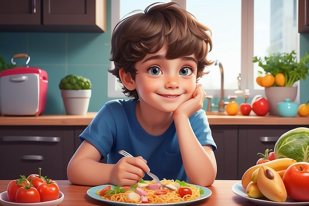 feliz niño niño piensa elegir comida