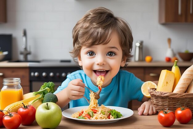 feliz niño niño piensa elegir comida