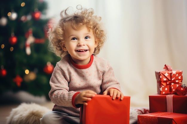 Feliz niño con un regalo para Navidad y Año Nuevo