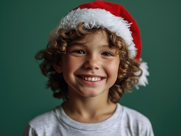 feliz niño sonriente con sombrero de Papá Noel en el fondo de Navidad